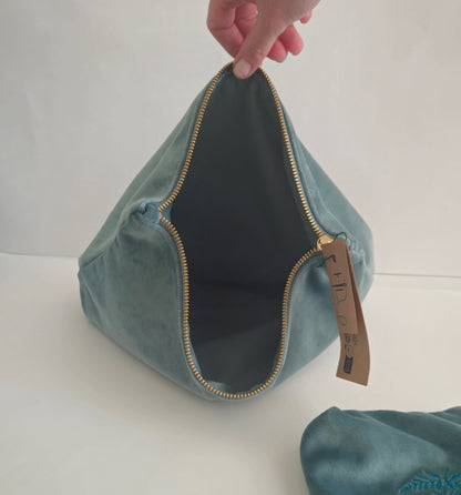 Luxurious Velvet Pouch with Fern Embroidery – Sustainable Gift or Travel Accessory in sage green/blue (Two Sizes)