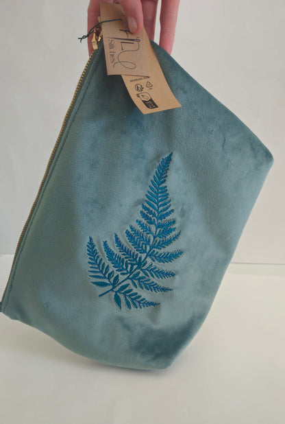 Luxurious Velvet Pouch with Fern Embroidery – Sustainable Gift or Travel Accessory in sage green/blue (Two Sizes)