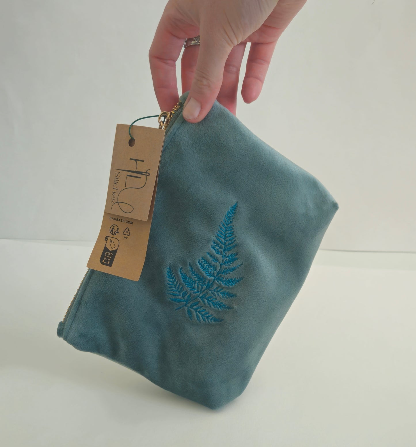 Luxurious Velvet Pouch with Fern Embroidery – Sustainable Gift or Travel Accessory in sage green/blue (Two Sizes)