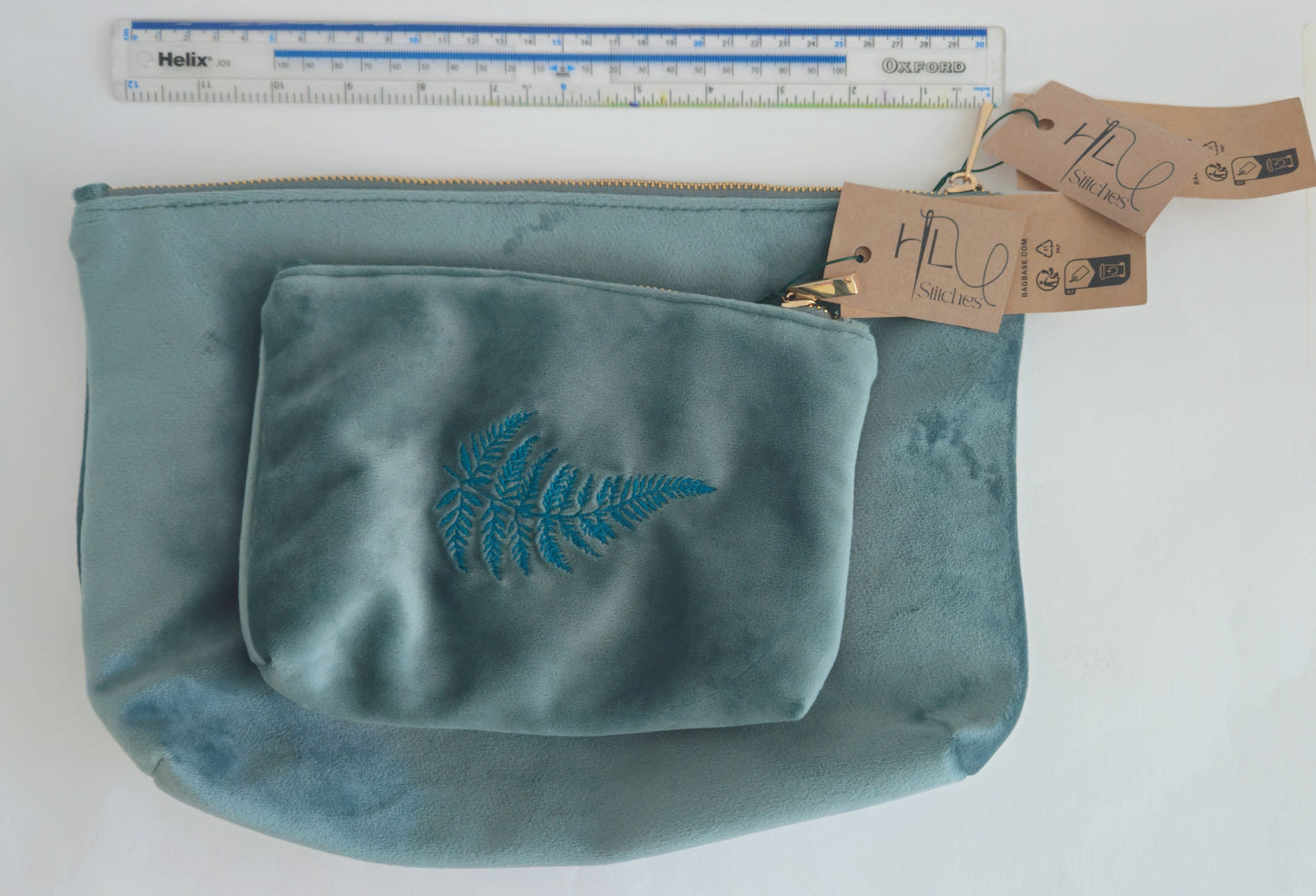 Luxurious Velvet Pouch with Fern Embroidery – Sustainable Gift or Travel Accessory in sage green/blue (Two Sizes)