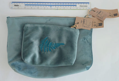Luxurious Velvet Pouch with Fern Embroidery – Sustainable Gift or Travel Accessory in sage green/blue (Two Sizes)