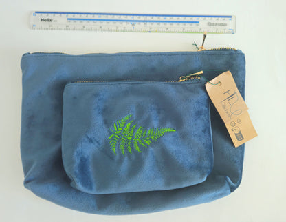 Luxurious Velvet Pouch with Fern Embroidery – Sustainable Gift or Travel Accessory in Petrol Blue (Two Sizes)