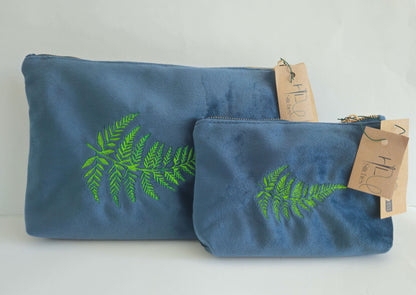 Luxurious Velvet Pouch with Fern Embroidery – Sustainable Gift or Travel Accessory in Petrol Blue (Two Sizes)