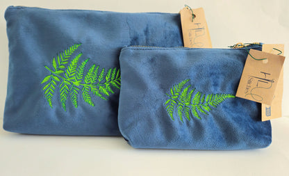 Luxurious Velvet Pouch with Fern Embroidery – Sustainable Gift or Travel Accessory in Petrol Blue (Two Sizes)
