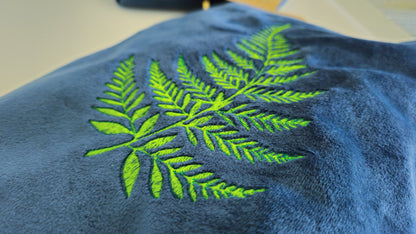 Luxurious Velvet Pouch with Fern Embroidery – Sustainable Gift or Travel Accessory in Petrol Blue (Two Sizes)