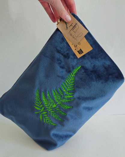 Luxurious Velvet Pouch with Fern Embroidery – Sustainable Gift or Travel Accessory in Petrol Blue (Two Sizes)