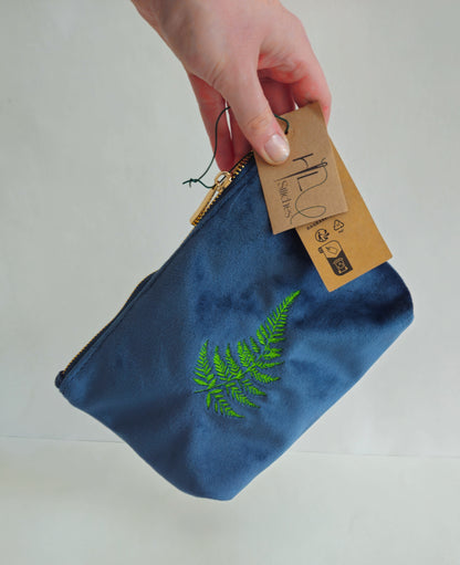 Luxurious Velvet Pouch with Fern Embroidery – Sustainable Gift or Travel Accessory in Petrol Blue (Two Sizes)