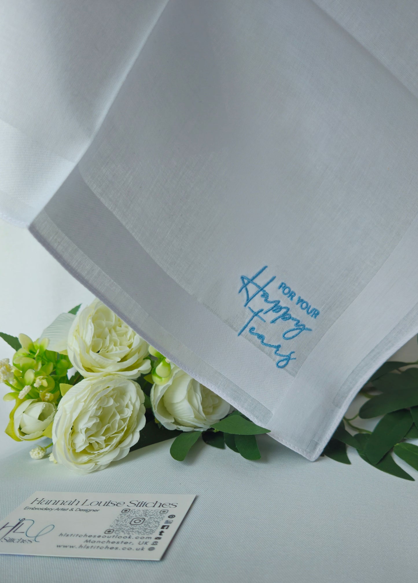 'For Your Happy Tears' Embroidered White 100% Cotton Handkerchief pocket square | for Weddings, Civil Partnerships, Christenings, Graduations, Baby Showers emotional ceremonies, care packages