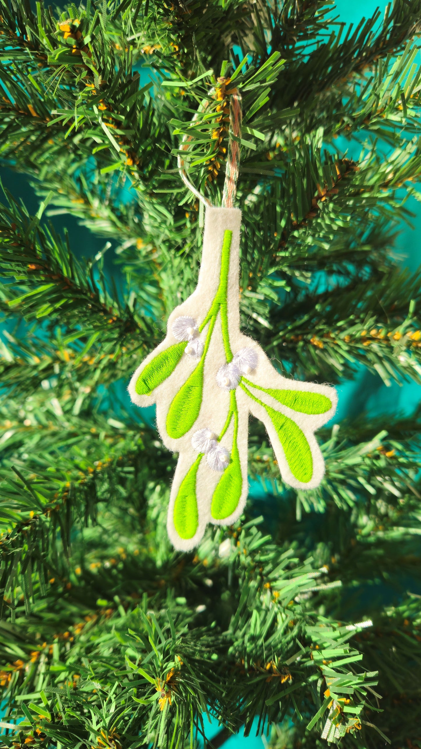 Embroidered Mistletoe Decoration – Handmade Christmas Ornament with Bead Detail