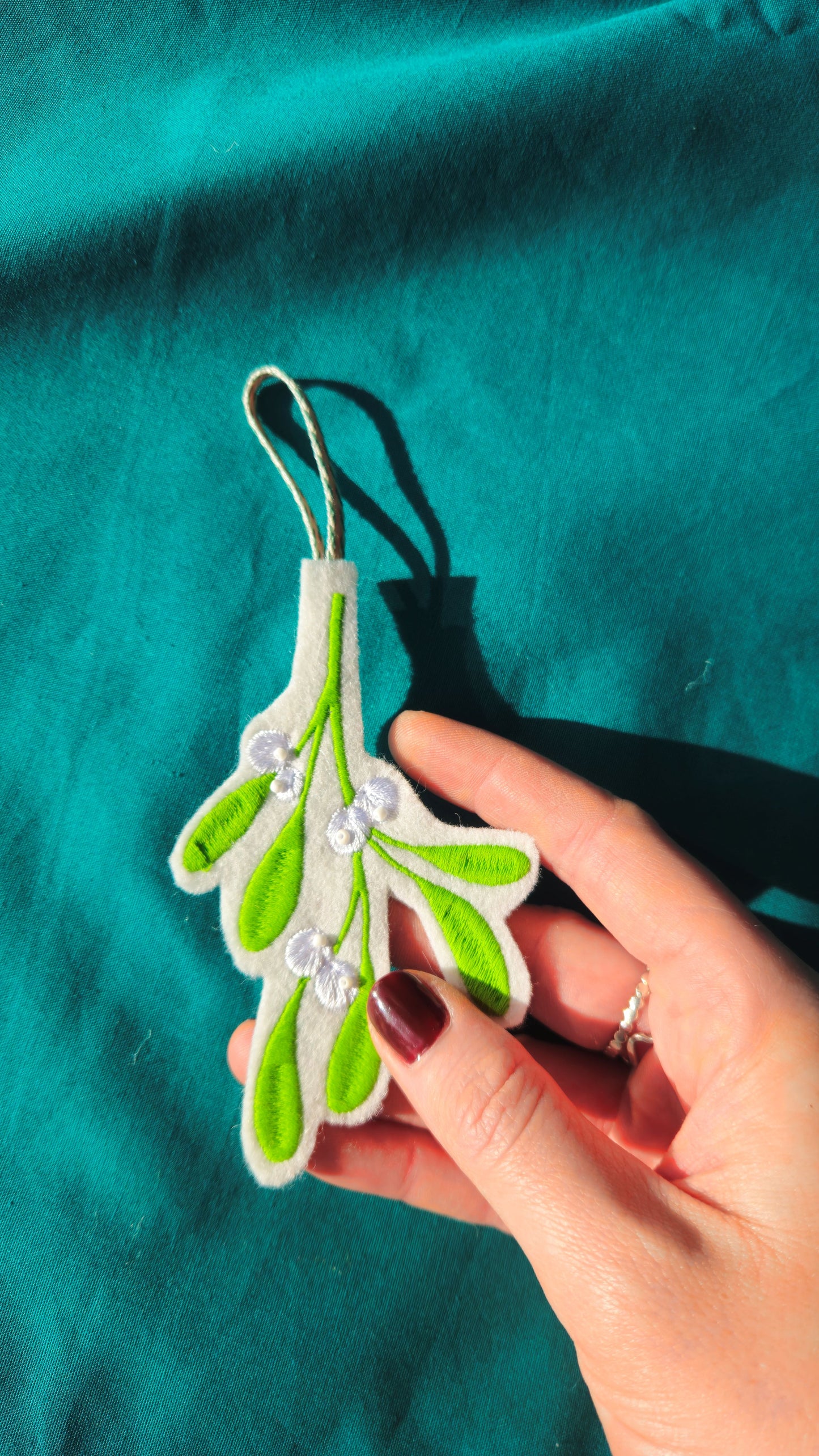 Embroidered Mistletoe Decoration – Handmade Christmas Ornament with Bead Detail