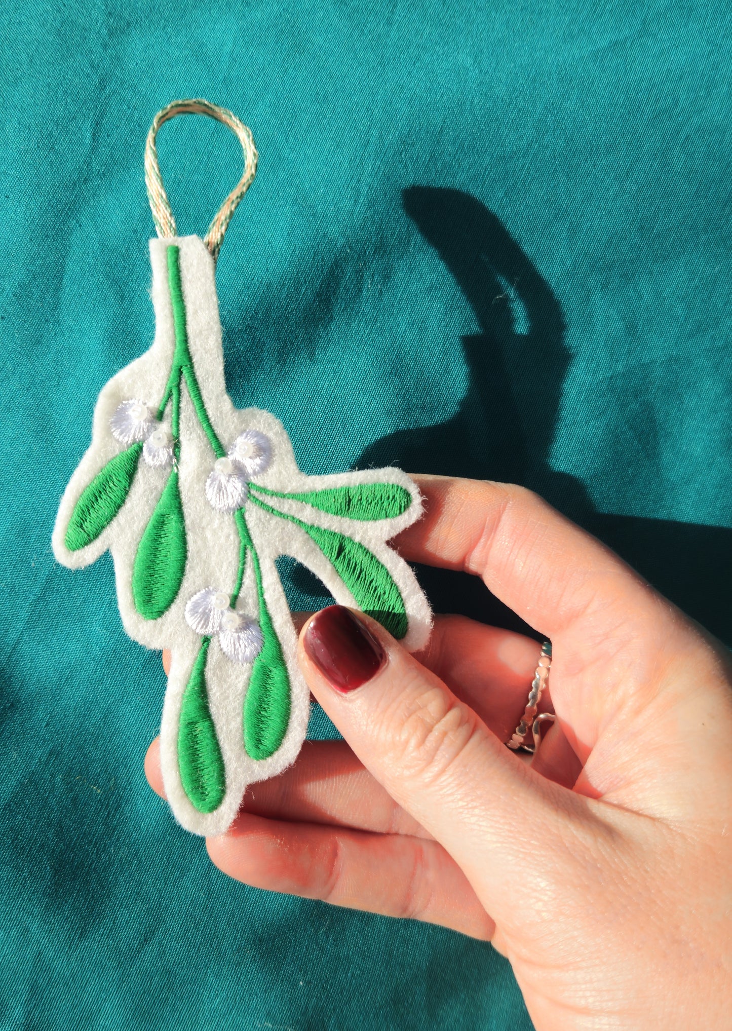 Embroidered Mistletoe Decoration – Handmade Christmas Ornament with Bead Detail