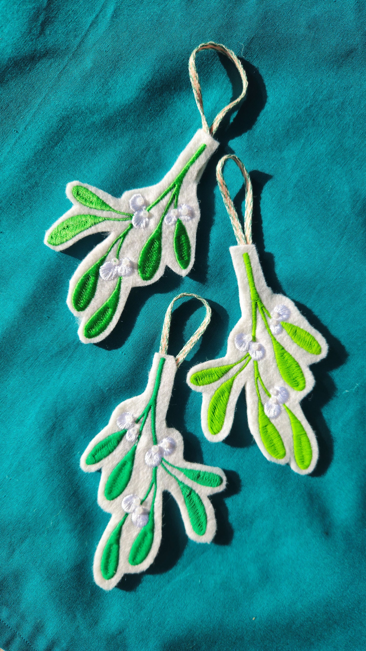 Embroidered Mistletoe Decoration – Handmade Christmas Ornament with Bead Detail