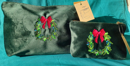 Luxurious Velvet Pouch with Christmas wreath embroidery (Two Sizes)