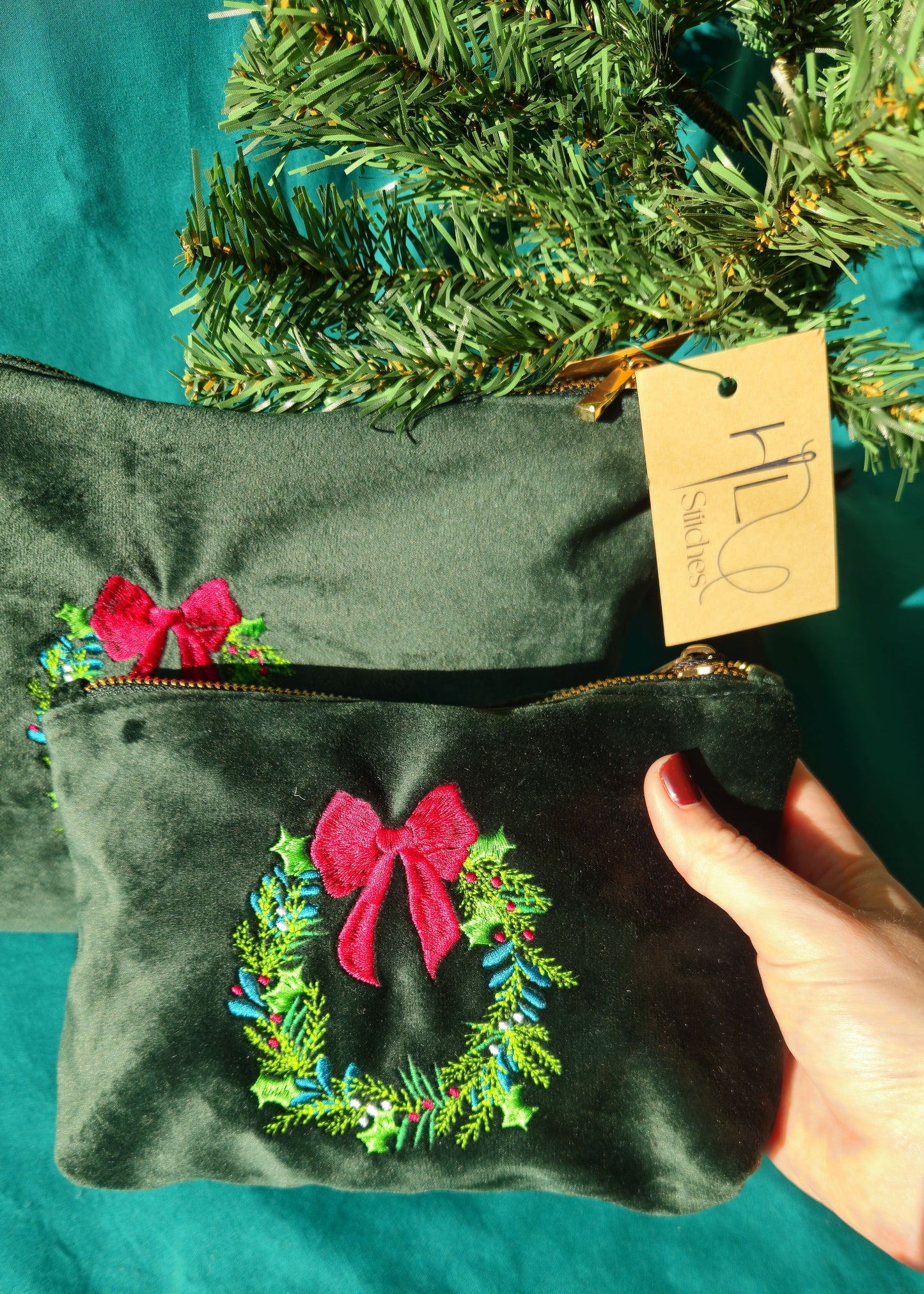 Luxurious Velvet Pouch with Christmas wreath embroidery (Two Sizes)