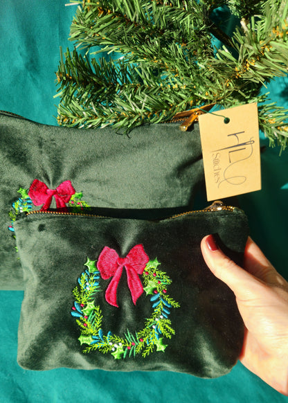 Luxurious Velvet Pouch with Christmas wreath embroidery (Two Sizes)