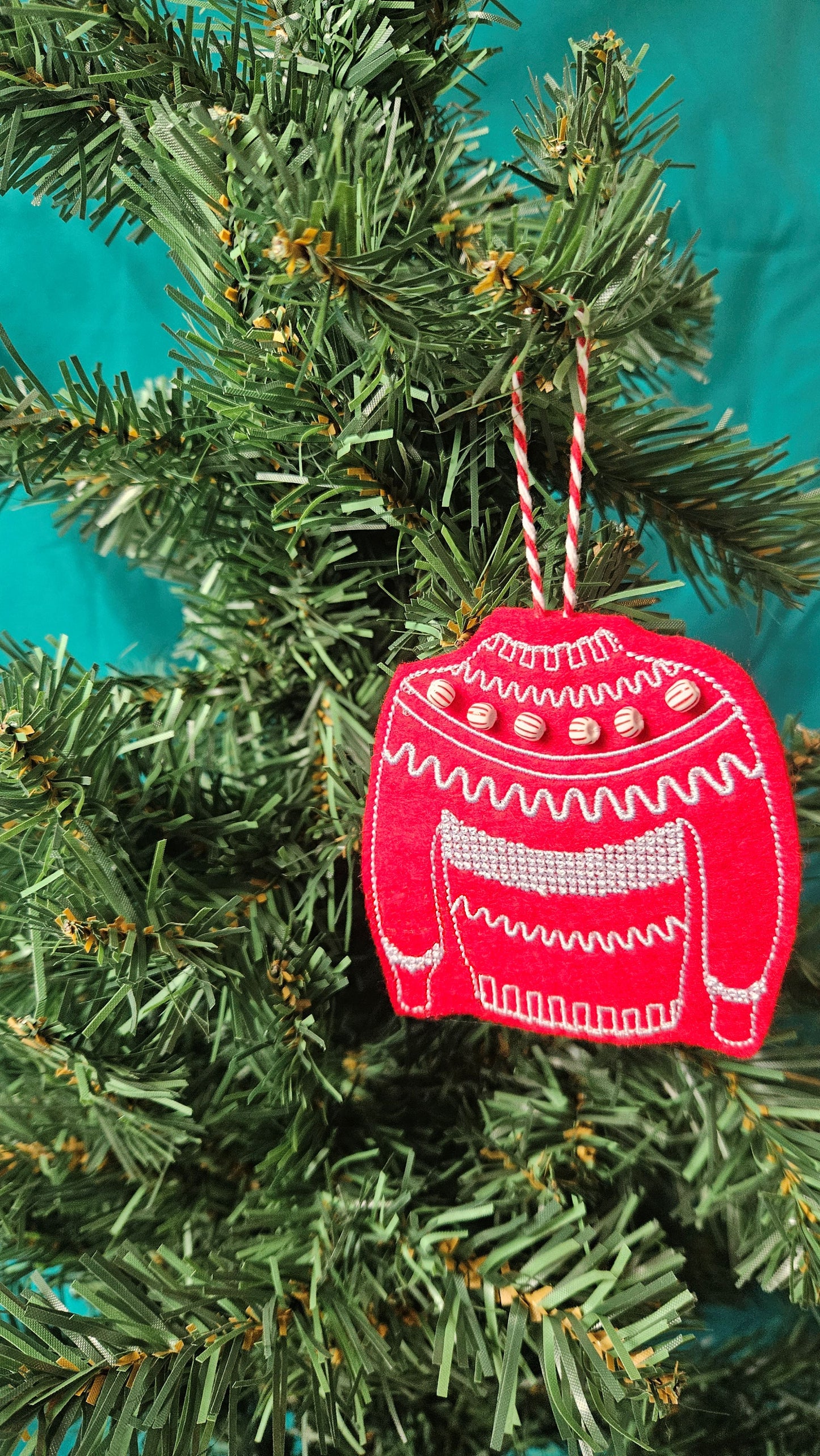 Embroidered Christmas Decoration - mini red and white xmas jumper with beads