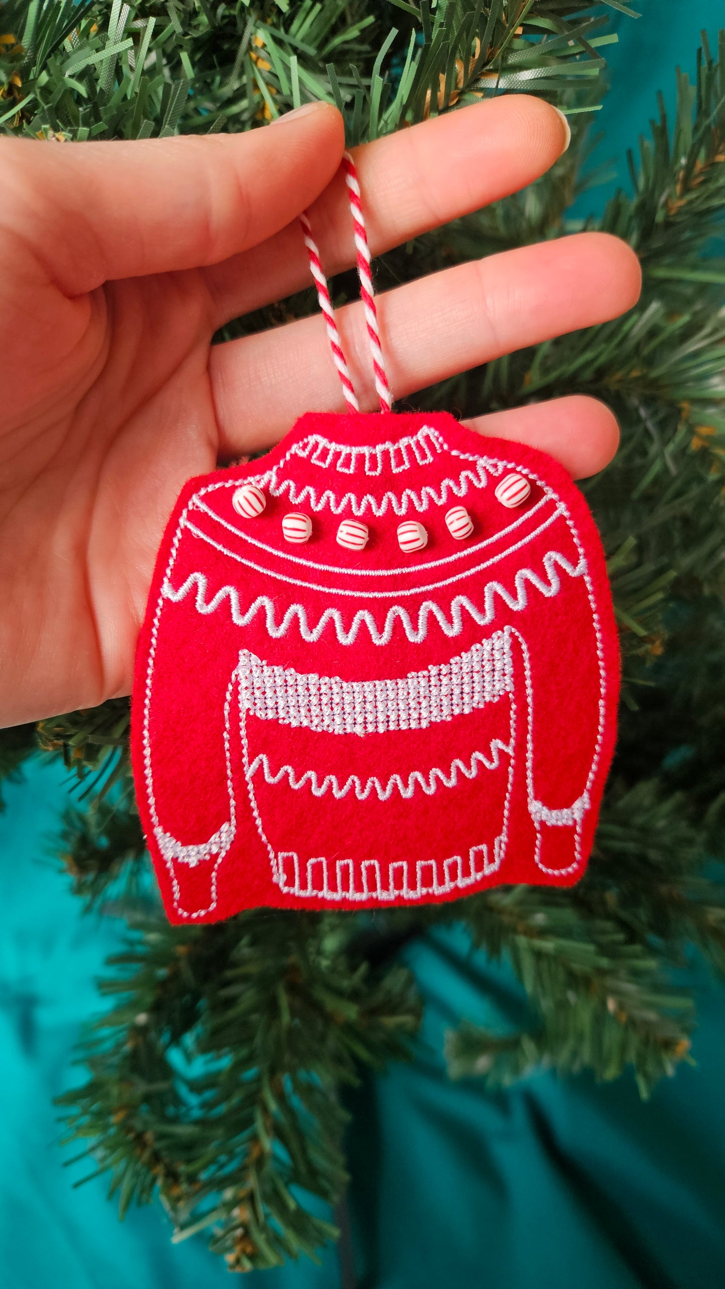 Embroidered Christmas Decoration - mini red and white xmas jumper with beads