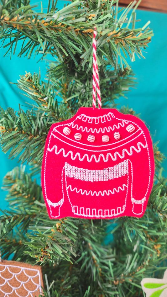 Embroidered Christmas Decoration - mini red and white xmas jumper with beads