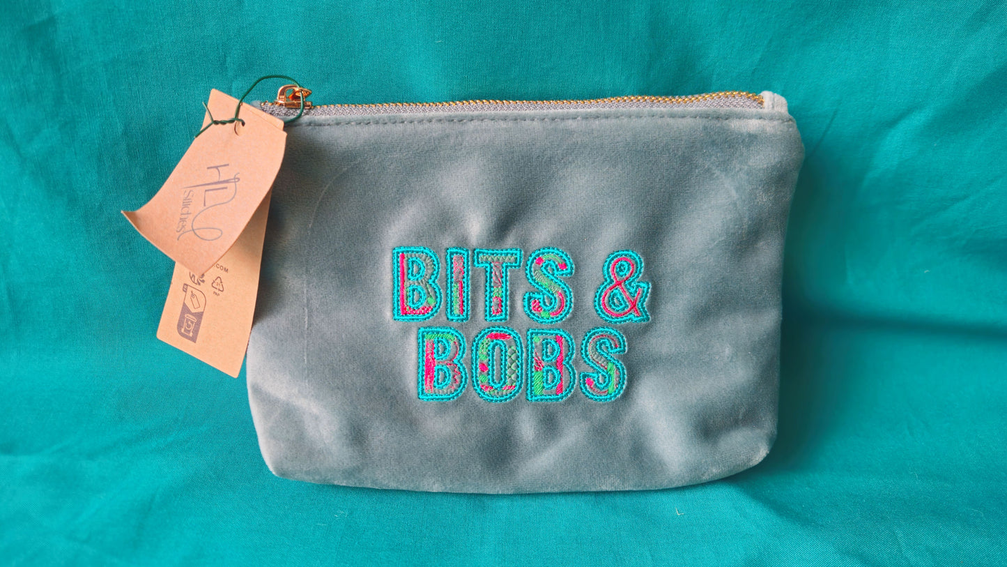 Eco-Friendly Velvet Makeup Bag Pouch | 'Bits and Bobs' Embroidered | Travel Case | Luxurious | Choice of blue, green or sage | Recycled