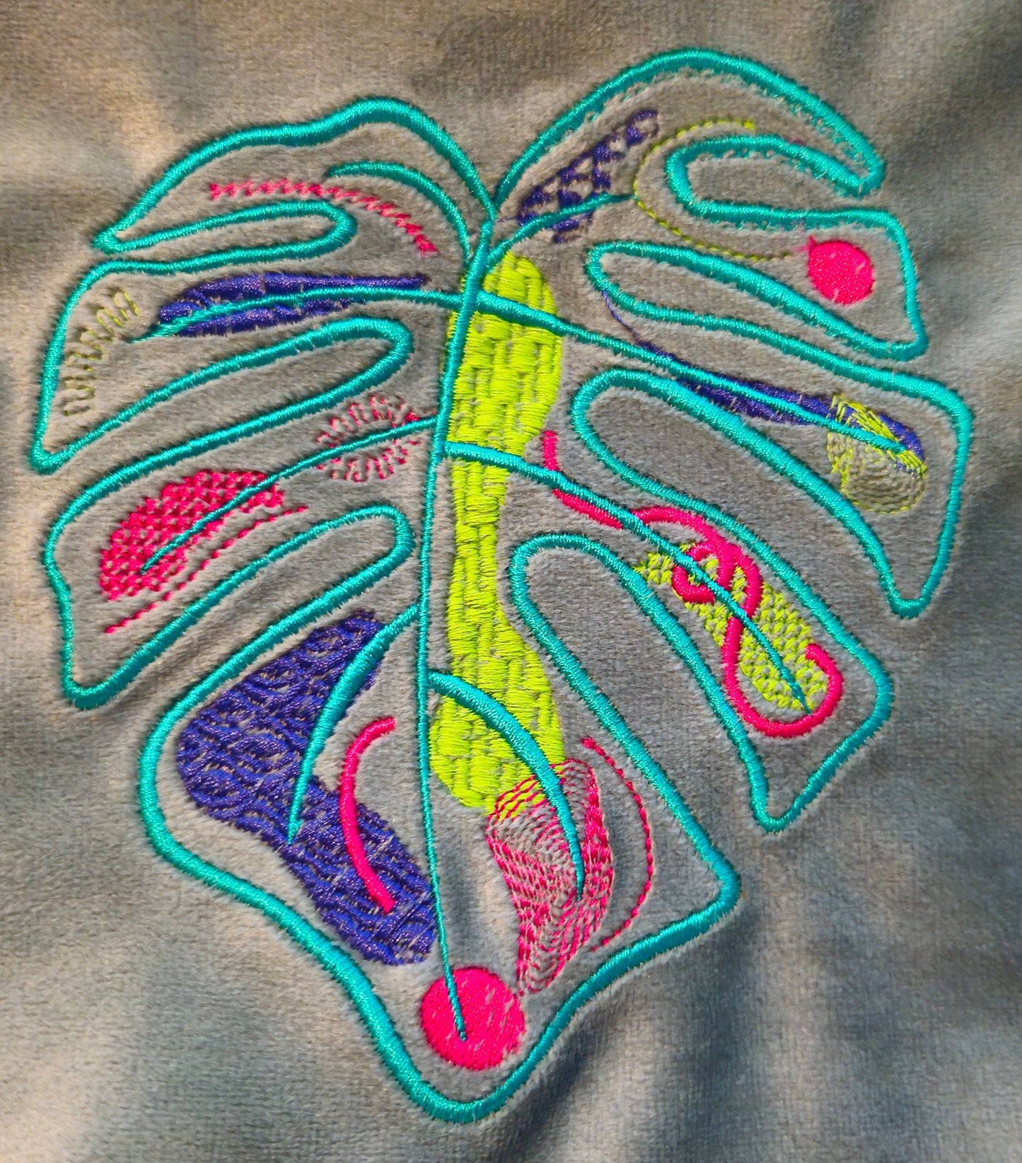 Recycled Velvet Pouch with Monstera Leaf Embroidery | Sustainable Makeup or Travel Pouch | Luxurious Sage Green Colour