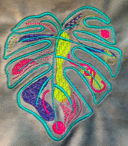 Recycled Velvet Pouch with Monstera Leaf Embroidery | Sustainable Makeup or Travel Pouch | Luxurious Sage Green Colour