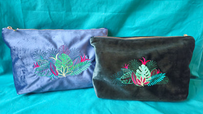 Recycled Velvet Pouch Botanical Embroidery | Large Sustainable Makeup or Travel Pouch