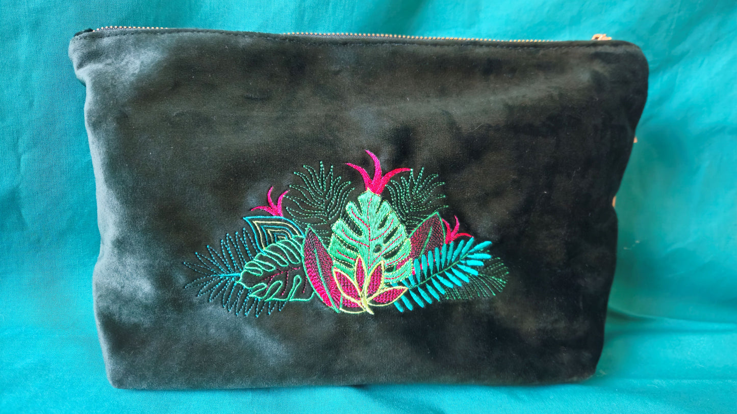 Recycled Velvet Pouch Botanical Embroidery | Large Sustainable Makeup or Travel Pouch