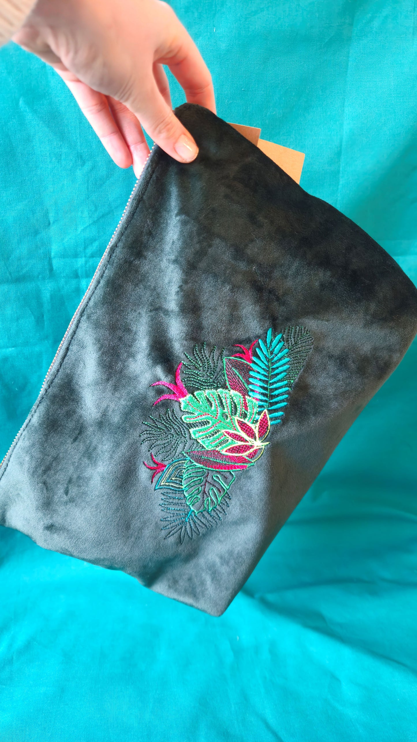 Recycled Velvet Pouch Botanical Embroidery | Large Sustainable Makeup or Travel Pouch