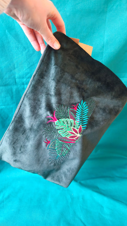 Recycled Velvet Pouch Botanical Embroidery | Large Sustainable Makeup or Travel Pouch