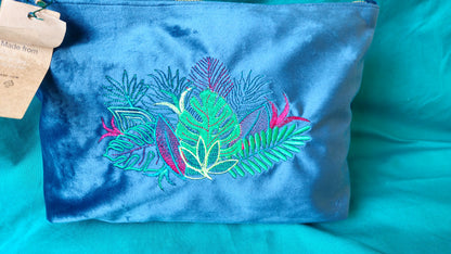 Recycled Velvet Pouch Botanical Embroidery | Large Sustainable Makeup or Travel Pouch