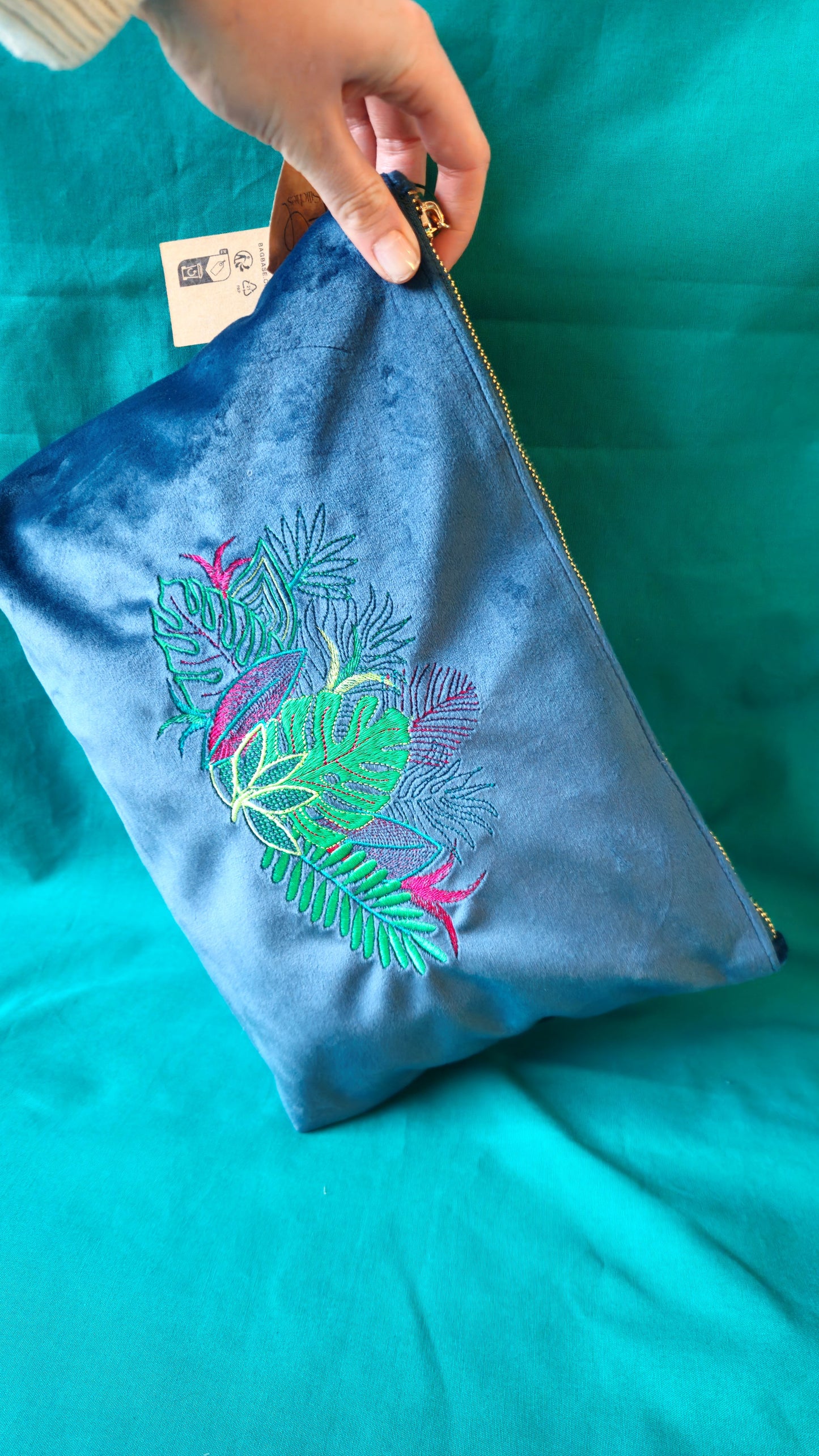 Recycled Velvet Pouch Botanical Embroidery | Large Sustainable Makeup or Travel Pouch
