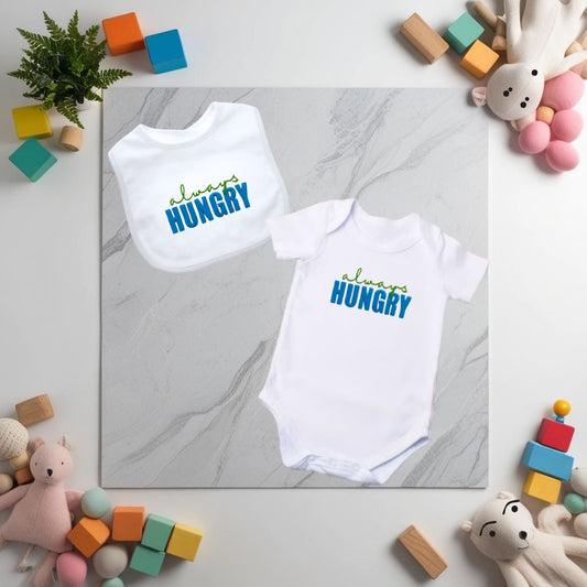 always HUNGRY Embroidered Baby Grow and/or Bib | Organic Cotton | New Baby Gift | Gender Neutral | Short Sleeve | white with rainbow text | Onsie