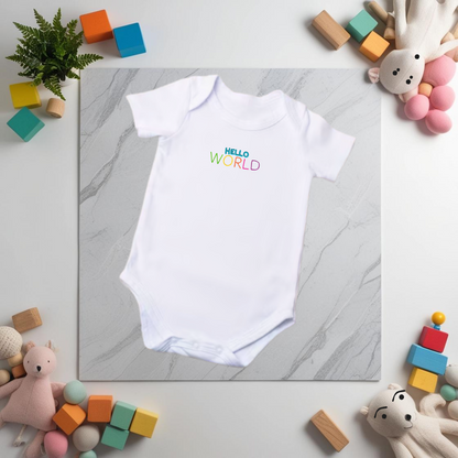 Hello WORLD Embroidered Baby Grow and/or Bib | Organic Cotton | New Baby Gift | Gender Neutral | Short Sleeve | white with rainbow text | Onsie