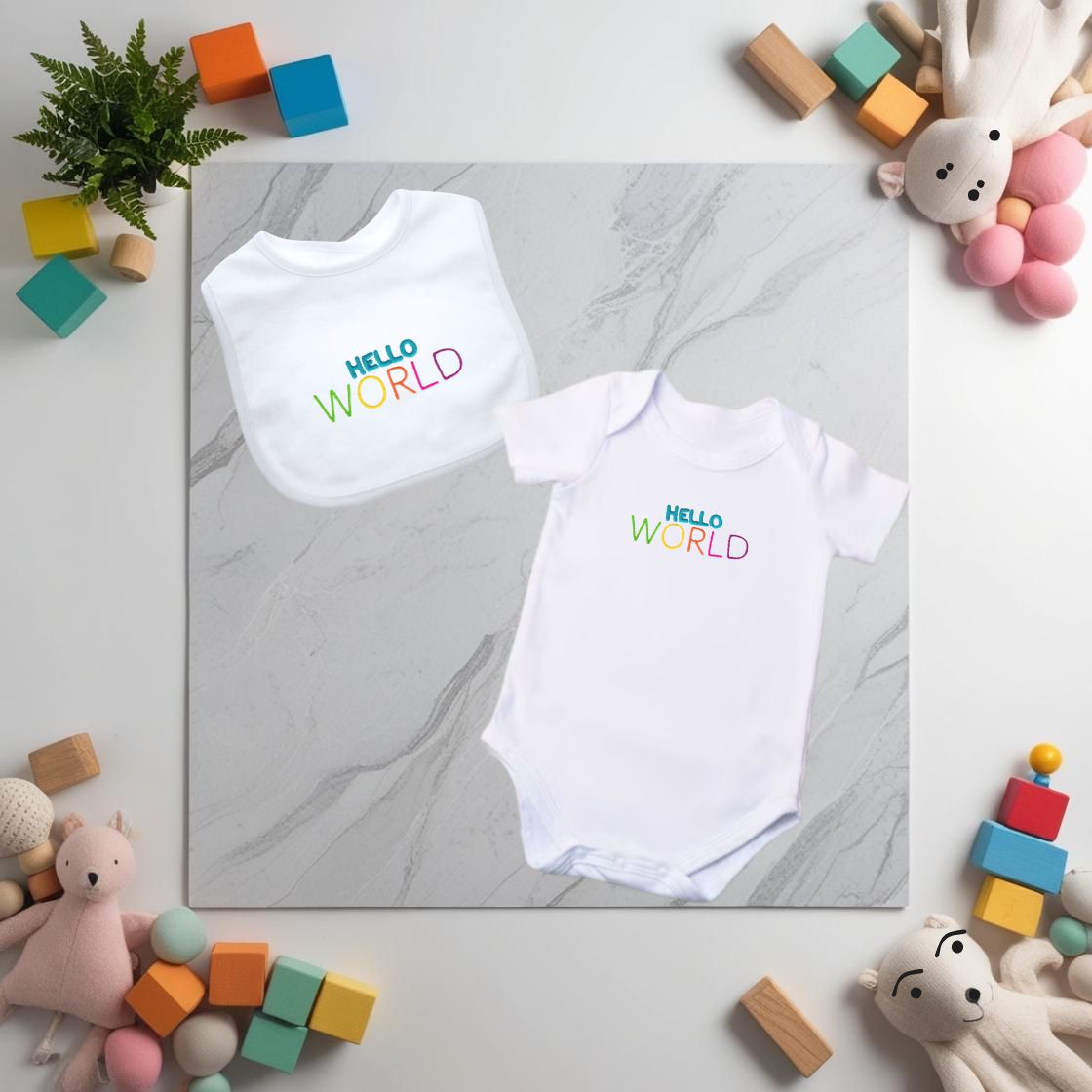 Hello WORLD Embroidered Baby Grow and/or Bib | Organic Cotton | New Baby Gift | Gender Neutral | Short Sleeve | white with rainbow text | Onsie