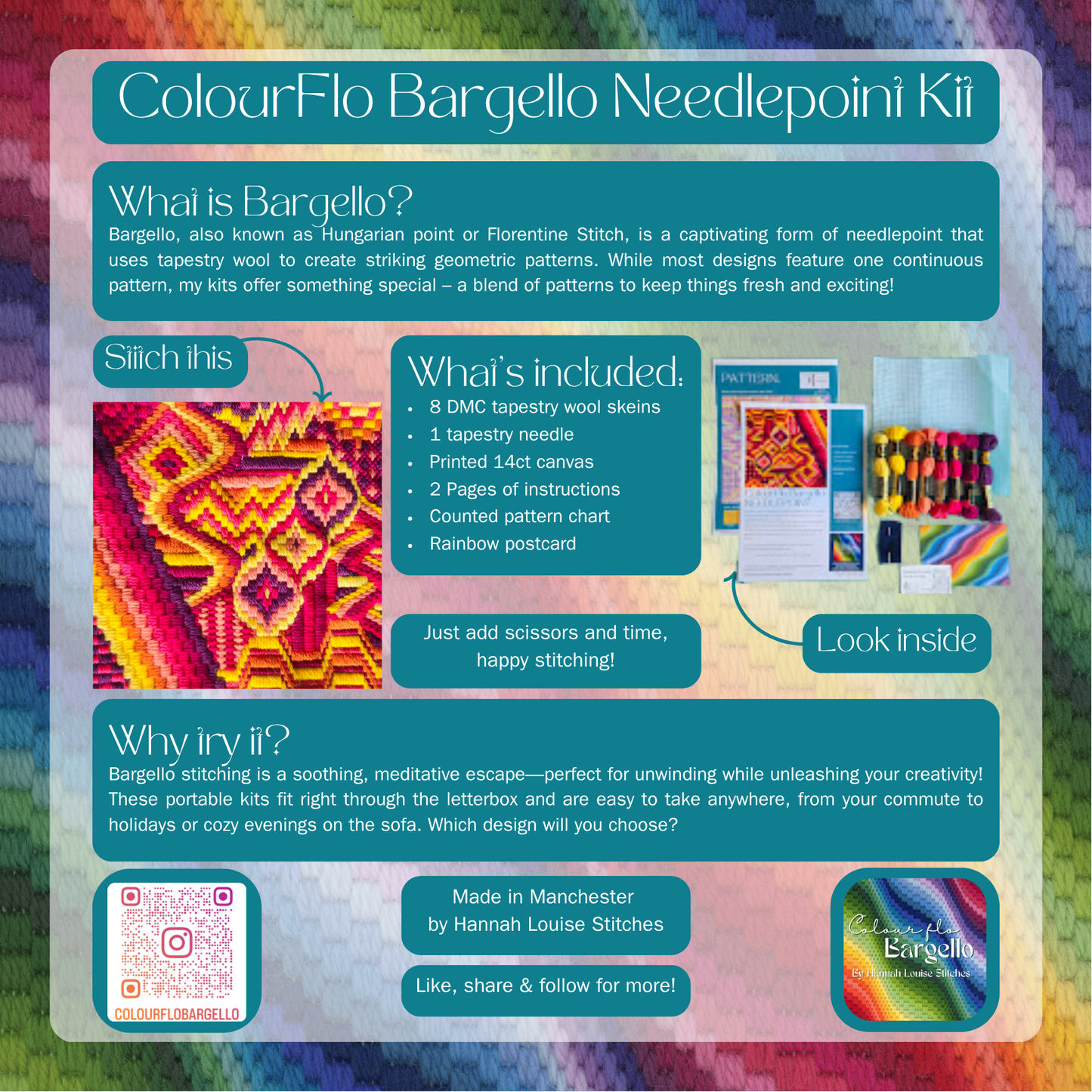 Colourflo Bargello Needlepoint Kit | 7x7 inch | Tapestry | advanced | DIY craft | mindful | hand sewing | canvas embroidery
