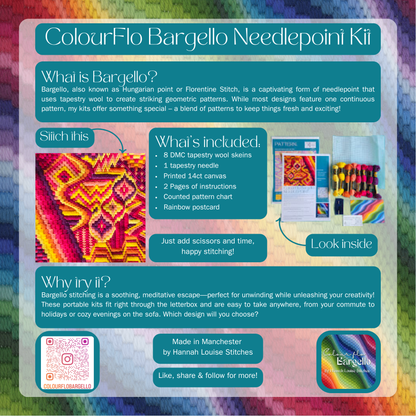 Colourflo Bargello Needlepoint Kit | 7x7 inch | Tapestry | advanced | DIY craft | mindful | hand sewing | canvas embroidery