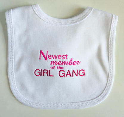 Newest member of the Girl Gang Bib - Pink Text on White 100% Cotton | Baby Shower Gift for Girls | Newborn | Baby Girl Accessories