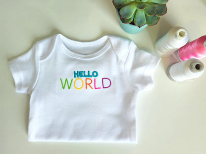 Hello WORLD Embroidered Baby Grow and/or Bib | Organic Cotton | New Baby Gift | Gender Neutral | Short Sleeve | white with rainbow text | Onsie