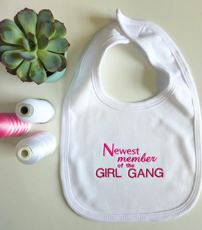Newest member of the Girl Gang Bib - Pink Text on White 100% Cotton | Baby Shower Gift for Girls | Newborn | Baby Girl Accessories