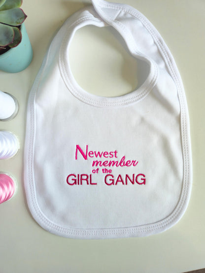Newest member of the Girl Gang Bib - Pink Text on White 100% Cotton | Baby Shower Gift for Girls | Newborn | Baby Girl Accessories