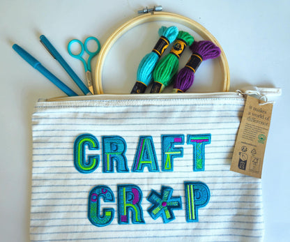 Organic cotton Striped Craft Bag with 'Craft Cr*p' in Turquoise, Green & Purple Embroidered text | Storage | Travel case | zip