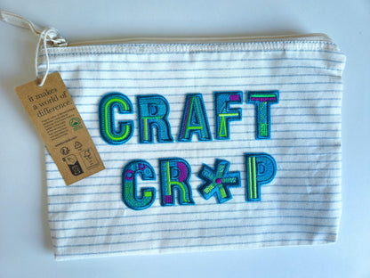 Organic cotton Striped Craft Bag with 'Craft Cr*p' in Turquoise, Green & Purple Embroidered text | Storage | Travel case | zip