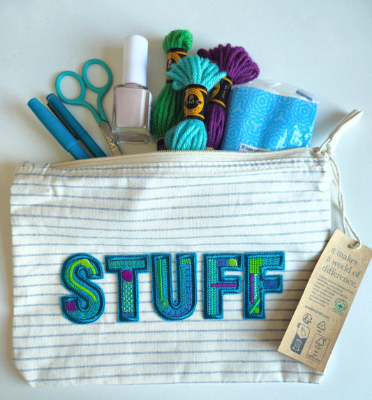 Organic cotton Striped Bag with 'stuff' in Turquoise, Green & Purple Embroidery | Storage | Travel case | zip | craft case | makeup bag