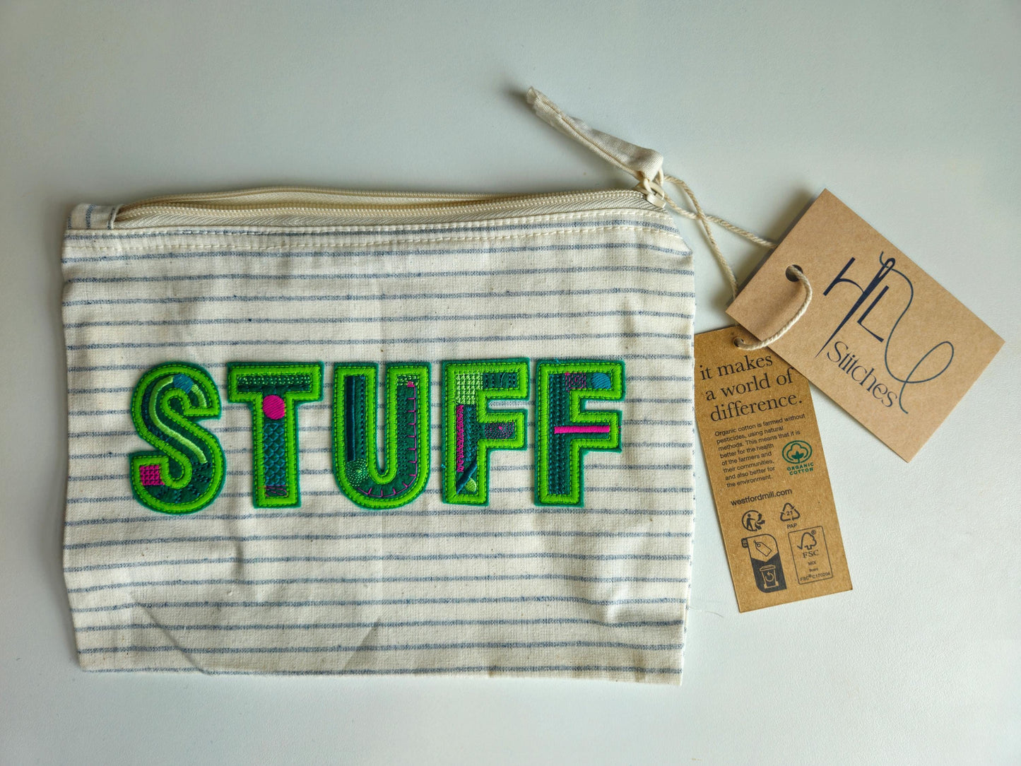 Organic Cotton Striped Bag with 'STUFF' in Green Embroidery | Storage | Travel case | zip | craft case | makeup bag