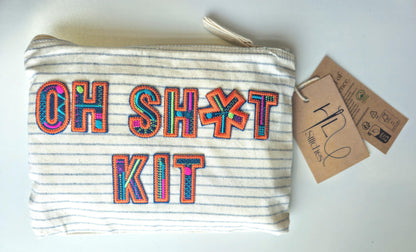 Organic cotton Striped Bag with 'OH SH*T KIT' in Blue and orange Embroidery | Storage | Travel case | zip | craft case | makeup bag