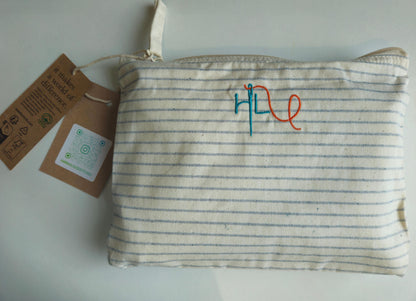 Organic cotton Striped Bag with 'OH SH*T KIT' in Blue and orange Embroidery | Storage | Travel case | zip | craft case | makeup bag