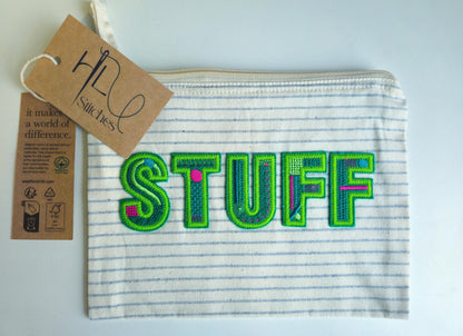 Organic Cotton Striped Bag with 'STUFF' in Green Embroidery | Storage | Travel case | zip | craft case | makeup bag