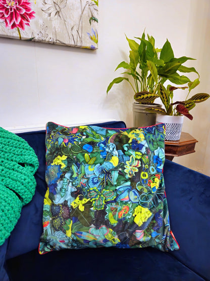 Luxurious Digital Botanica 50cm Velvet Square Cushion Pillow | Digitally Printed | Plants Foliage Design | vibrant | bright