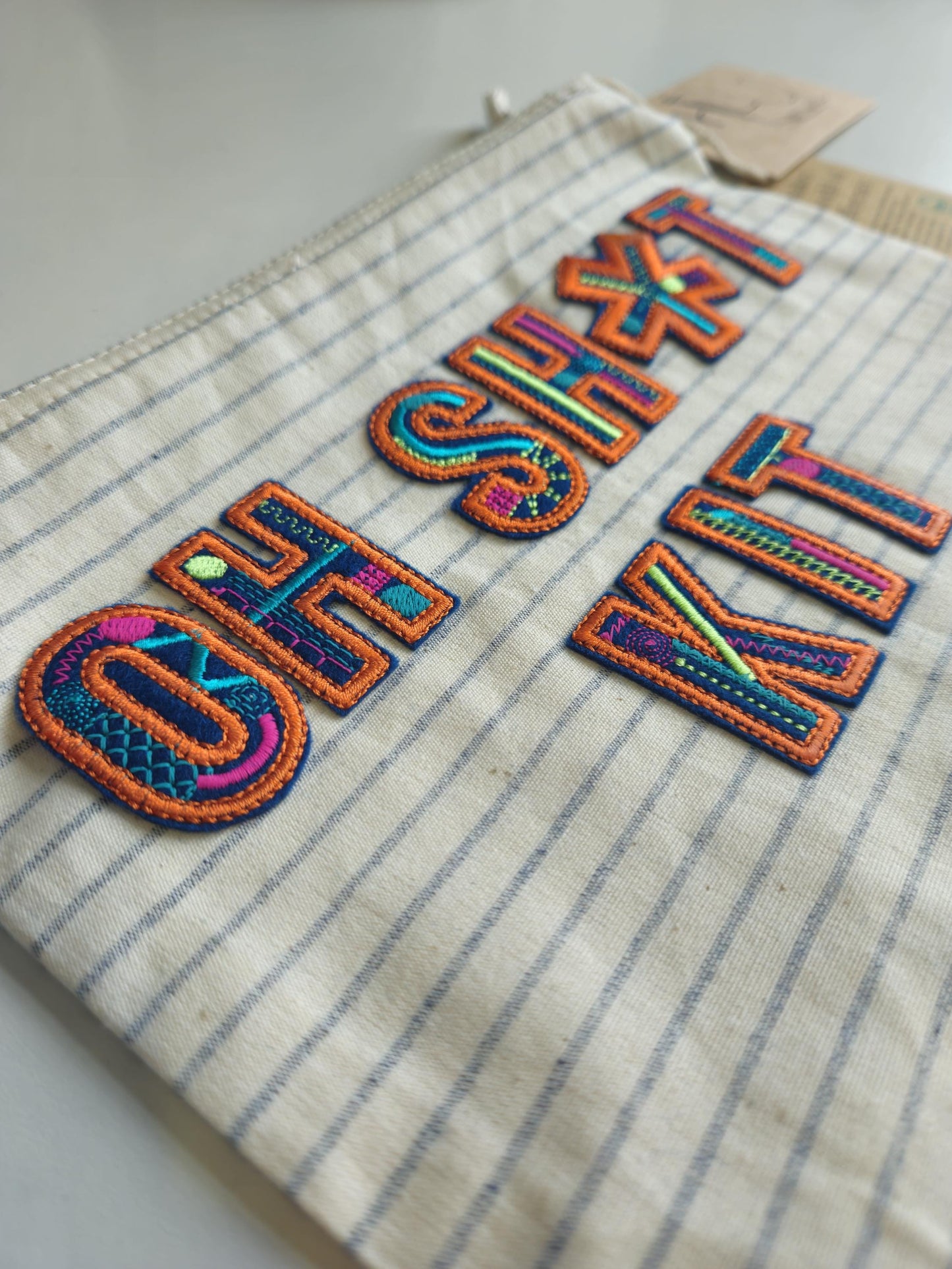 Organic cotton Striped Bag with 'OH SH*T KIT' in Blue and orange Embroidery | Storage | Travel case | zip | craft case | makeup bag