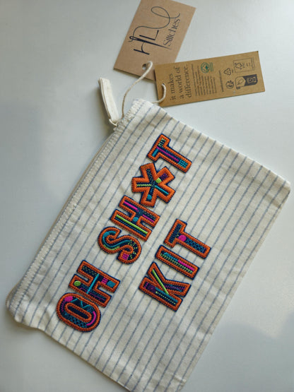 Organic cotton Striped Bag with 'OH SH*T KIT' in Blue and orange Embroidery | Storage | Travel case | zip | craft case | makeup bag